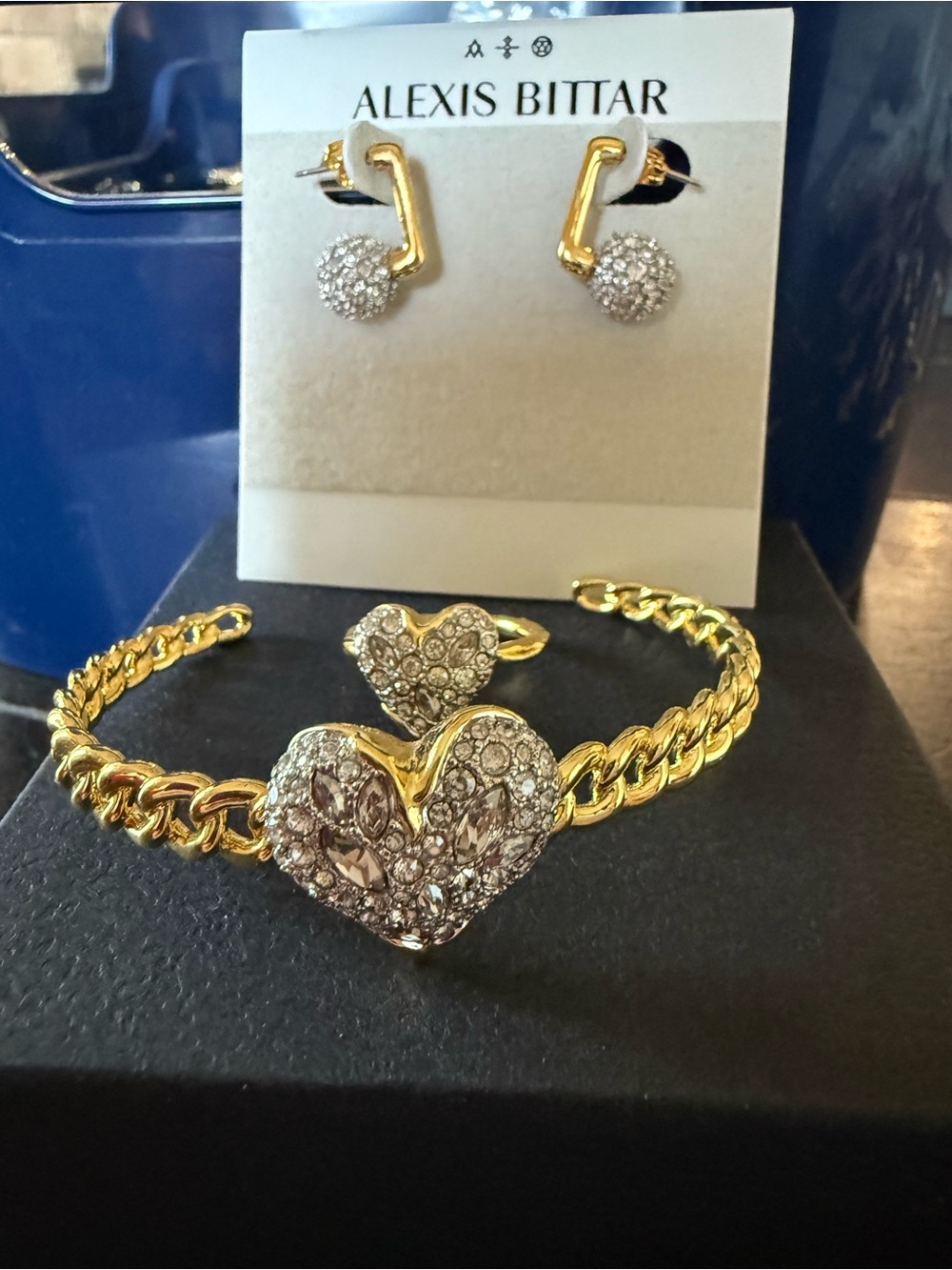 Alexis Bittar Gold-tone Crystal Heart Bracelet and Stud Earrings Set